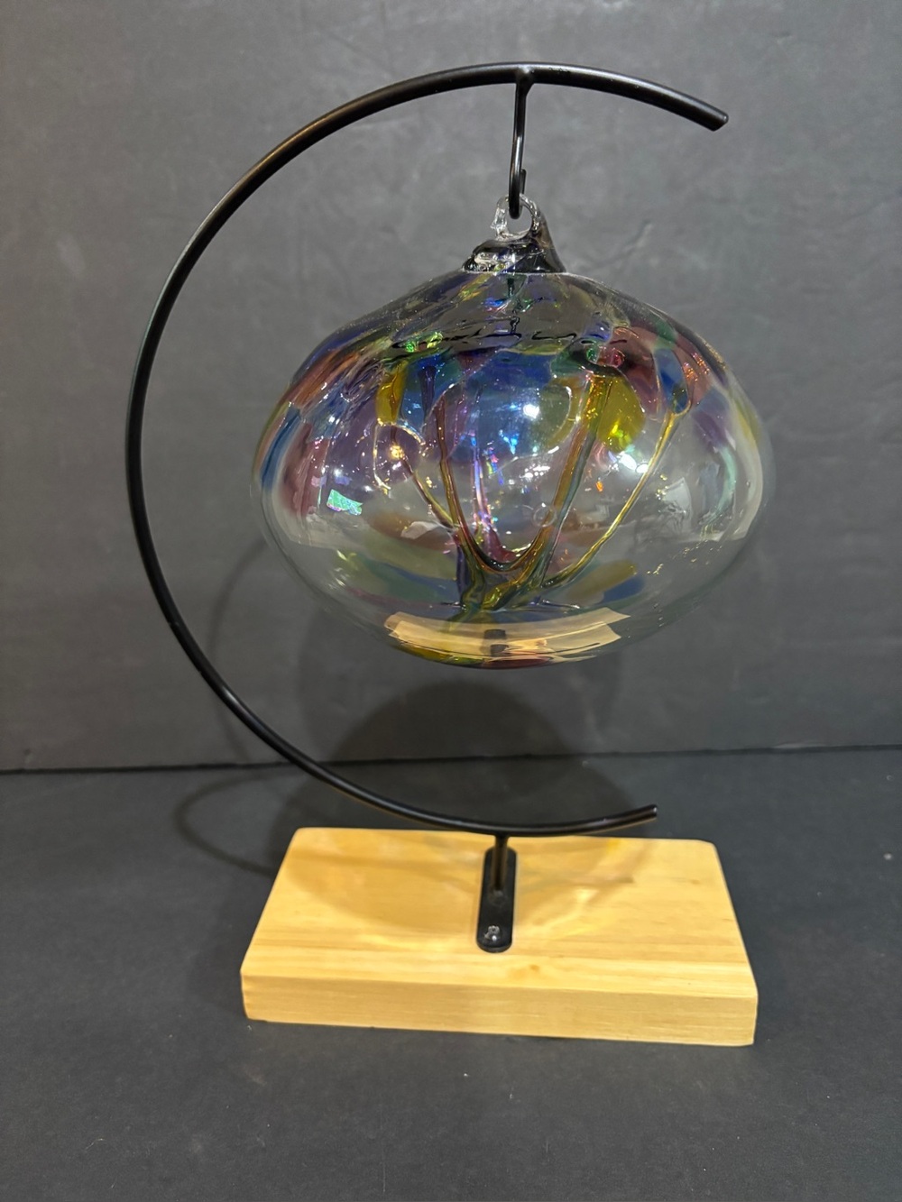 Hand Blown Art Glass Hanging Orb Sculpture Multicolor Ribbon Swirl w/ Stand